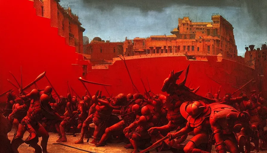 Image similar to only with red, a lightly armored gladiator in a crowded roman amphitheatre, crowd cheering, in the style of beksinski and edward hopper and rodcenko and yue minjun and cory loftis, intricate and epic composition, red by caravaggio, highly detailed, masterpiece, red light, artstation, art nouveau