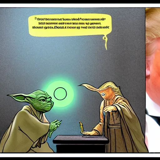 Image similar to yoda teaching english to donald trump, photorealistic dramatic lighting