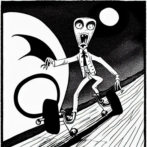 Image similar to black and white trippy comic art of dracula roller skating on roller skates, drawn by martin rowson, tim burton, studio ghibli, alex pardee, nekro petros afshar, james mcdermott, cgsociety 4 k