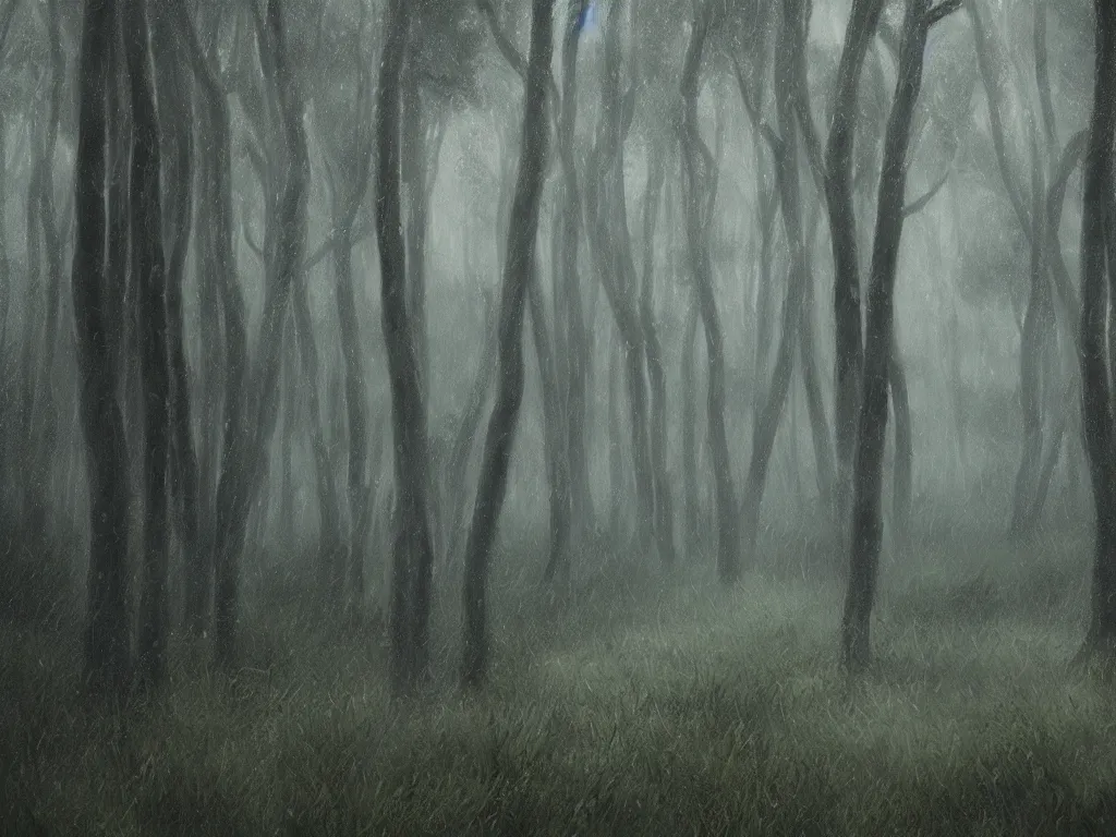 Prompt: A painting of forest in stormy day, a mysterious thing is happening, octane render, 8K, gothic art, digital art, oil on canvas, trending on artstation, 30mm