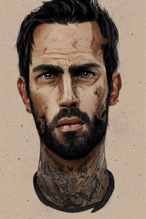 Prompt: very detailed portrait of a rugged man in his early thirties, strong jaw, ( ( deep black eyes ) ), ( ( ( latino features ) ) ), wearing a black!! t - shirt, earthy color scheme, by wlop and tyler oulton, detailed eyes, starry background, trending, on artstation.