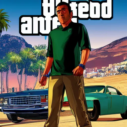 Prompt: Xavi Hernandez in GTA V cover art