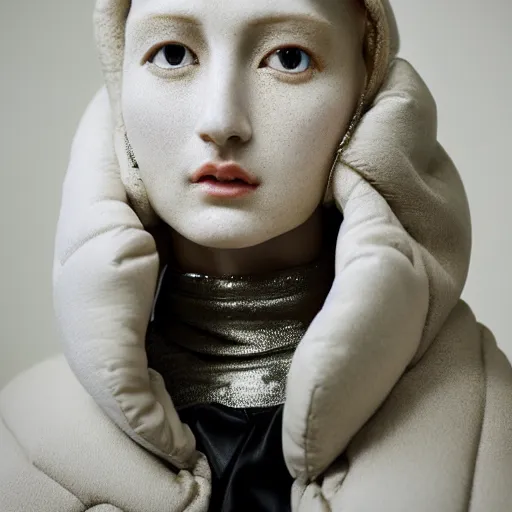 Image similar to well lit fashion shoot portrait of extremely beautiful gal godot marble statue wearing huge over size puffer jacket by dingyun zhang, yeezy, balenciaga, vetements, a cold wall, sharp focus, clear, detailed,, cinematic, detailed, off white, glamourous, symmetrical, vogue, editorial, fashion, magazine shoot, glossy