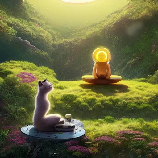 Prompt: a person meditating on hillside, next to a cute cat, concept art by chris labrooy, cgsociety, retrofuturism, sci - fi, concept art, futuristic