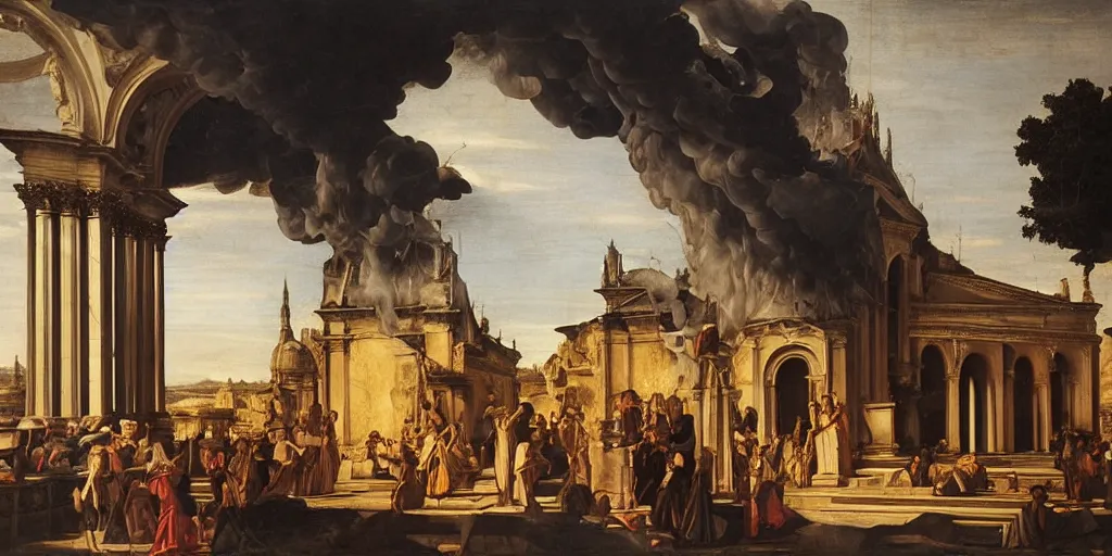 Image similar to beautiful oil matte painting, baroque church caught on fire with people desperate to extinguish the flames, wonderful masterpiece highly detailed, beautiful cinematic light deep focus, elegant, digital painting, smooth, sharp focus, golden ratio, dramatic illumination, ultra realistic, 8 k, art by giovanni bellini and caravaggio