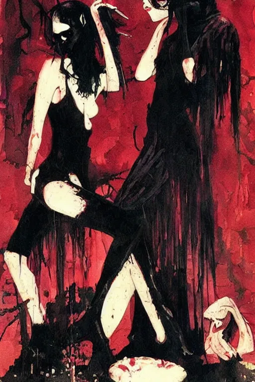 Prompt: goth ihop on ladies night, painting by jeffery catherine jones