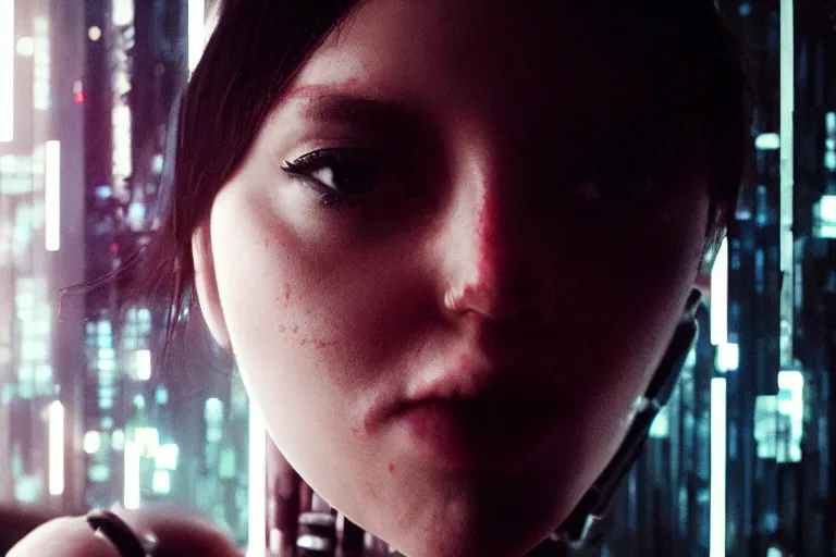 Image similar to cinematography closeup portrait of a cyborg girl in a cyberpunk apartment by Emmanuel Lubezki