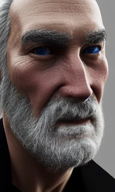 Prompt: face closeup covered with 5 0 year old man, pale skin, grey beard, long grey hair, symmetric face, 3 d render, hyper - realistic detailed portrait, ruan jia, wlop