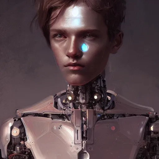 Image similar to beautiful androgynous boy turning into a robot, intricate, art by greg rutkowski, hd, high detailed, 4 k,