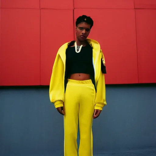 Image similar to realistic! photoshoot for a new balenciaga lookbook, color film photography, portrait of a beautiful woman wearing a track suit, photo in style of tyler mitchell, y2k!!!, 35mm lens