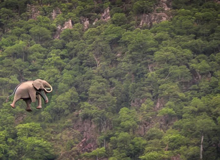 Image similar to dslr photo still of an elephant leaping off a mountain flying through the air, 4 k, 1 2 0 mm f 1 6