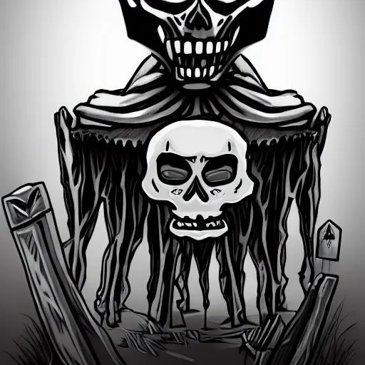 Prompt: digital drawing of an angry skeleton grabbing a tombstone, big head, black and white, trend on artstation
