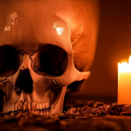 Prompt: a skull in a dark dungeon lit only by candle light, dslr photo, cinematic lighting, shallow depth of field