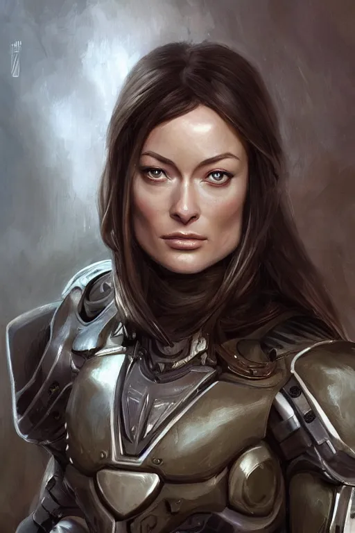 Image similar to a professional painting of a young Olivia Wilde, clothes in military armor, olive skin, long dark hair, beautiful bone structure, symmetrical facial features, intricate, elegant, digital painting, concept art, smooth, sharp focus, illustration, from StarCraft by Ruan Jia and Mandy Jurgens and Artgerm and William-Adolphe Bouguerea