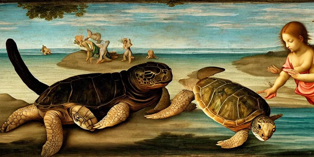 Prompt: renaissance painting of a cat on the beach playing with a turtle in the ocean