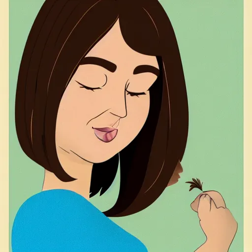 Prompt: chubby brunette woman with straight hair in a short bob, round face, romanian heritage, brown eyes, olive skin, bulbous nose, big chin, wide face, no bangs, digital art, cartoon, cute, 8k, illustration, trending on artstation, medium shot, head shot