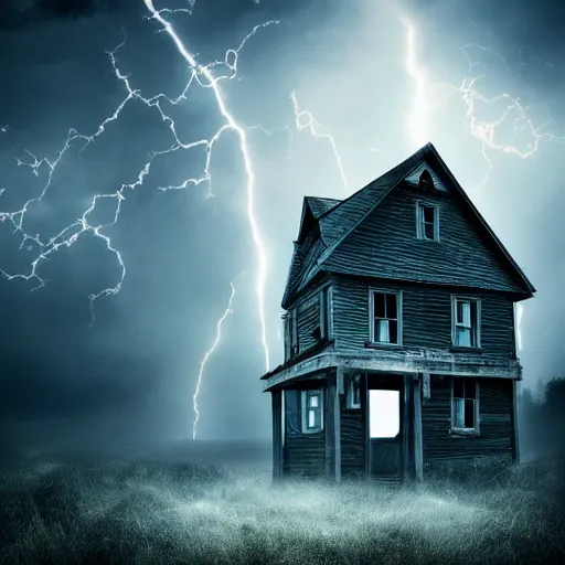 Image similar to haunted house, atmospheric, mist, lightning