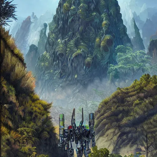 Image similar to mechas in highly detailed alien planet with lush vegetation, deserts and mountains, artgerm, cgsociety