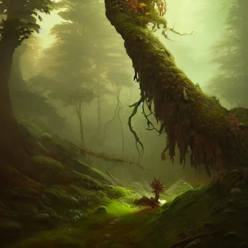 Prompt: a beautiful hyperrealistic painting of a forest troll by peter mohrbacher, ancient mossy wood, gigantic, octane render, brilliantly coloured, intricate, ultra wide angle, trending on artstation, dusk, volumetric lighting, polished, micro details, ray tracing, 8 k