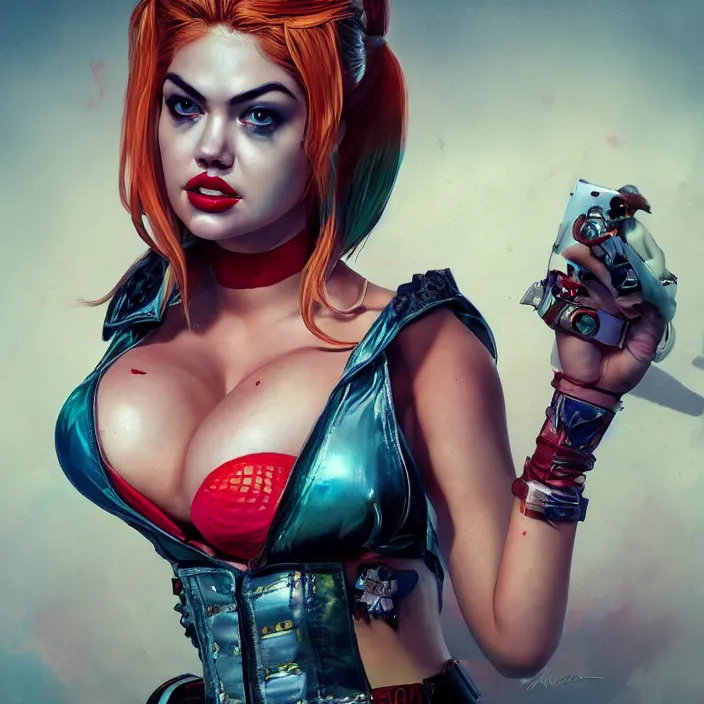 Image similar to portrait of Kate Upton as a harley quinn. intricate abstract. intricate artwork. by Tooth Wu, wlop, beeple, dan mumford. octane render, trending on artstation, greg rutkowski very coherent symmetrical artwork. cinematic, hyper realism, high detail, octane render, 8k, iridescent accents