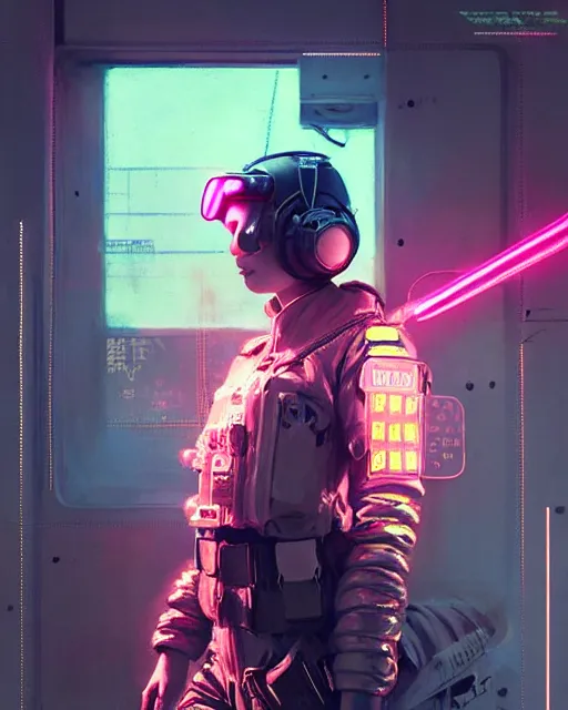 Prompt: detailed neon female swat officer flying a plane, cyberpunk futuristic, neon, reflective puffy coat, decorated with traditional japanese by ismail inceoglu dragan bibin hans thoma greg rutkowski alexandros pyromallis nekro rene margitte, aerial view, illustrated, perfect face, fine details, realistic shaded, fine - face, pretty face