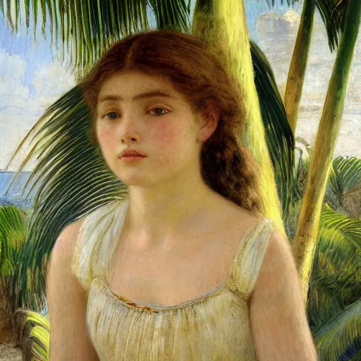 Image similar to a ultradetailed beautiful painting of a girl in the amazonas palace balustrade designed by jules bastien - lepage, hans belmer, frank weston and gustave baumann, beach, trending on artstation, mediterranean, palm trees, detailed face, sharp focus, soft light, 8 k 4 k