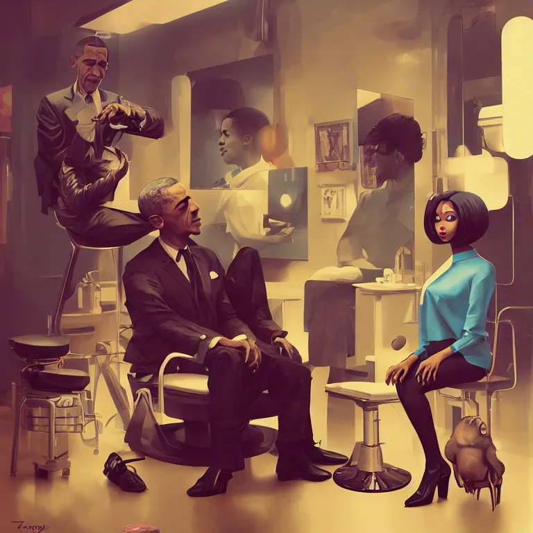 Prompt: tritone 1 9 6 0 s concept illustration portrait of nicki minaj sitting next to barack obama in a barbershop. cinematic scene. volumetric lighting. golden ratio accidental renaissance. by sachin teng and sergey kolesov and ruan jia and heng z. graffiti art, scifi, fantasy, hyper detailed. octane render. concept art. trending on artstation.