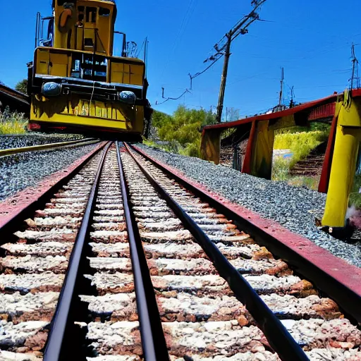 Image similar to working on train rails, hit and sunny day, very tired workers, slave, amazing deep photo, large, cool colors