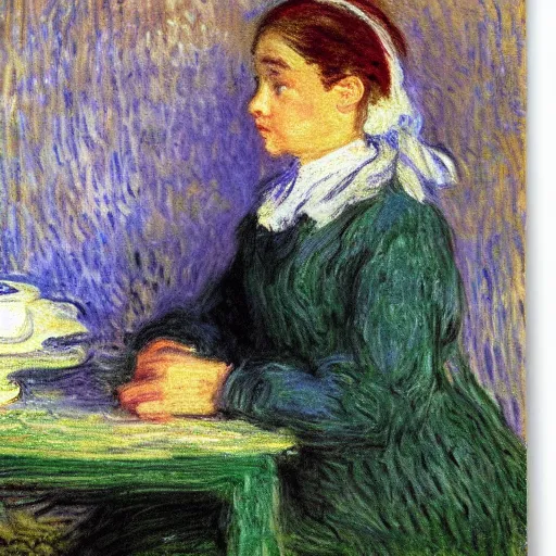 Image similar to a girl with a white headkerchief sitting alone on a birthday table looking sad by monet