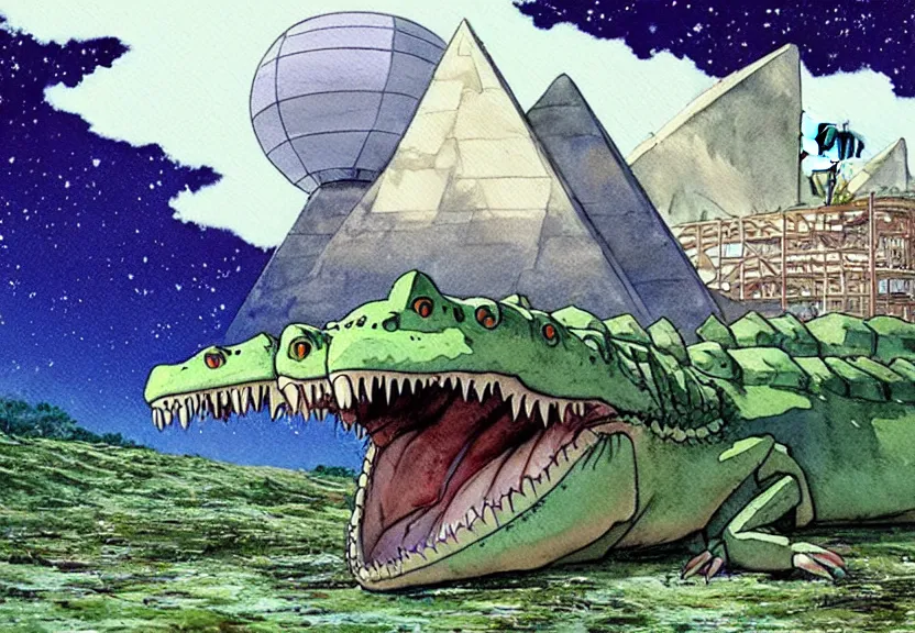 Image similar to a hyperrealist watercolor concept art from a studio ghibli film showing a giant mechanized crocodile from howl's moving castle ( 2 0 0 4 ). a pyramid is under construction in the background, in the rainforest on a misty and starry night. a ufo is in the sky. by studio ghibli