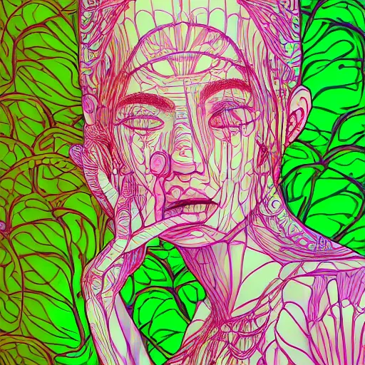 Image similar to the portrait of an unbelievably beautiful, elegant, and sophicated young instagram model partially made of broccoli, an ultrafine detailed illustration by james jean, intricate linework, bright colors, final fantasy, behance contest winner, vanitas, angular, altermodern, unreal engine 5 highly rendered, global illumination, radiant light, detailed and intricate environment