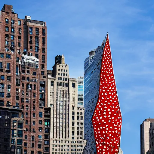 Image similar to a building of the shape of an amanita muscaria in the New York City skyline