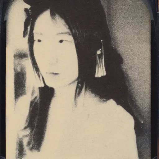 Prompt: 1970s polaroid of a female Japanese folk musician, hazy, faded