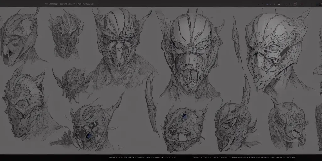 Prompt: mask design, character sheet, Moebius, Greg Rutkowski, Zabrocki, Karlkka, Jayison Devadas, Phuoc Quan, trending on Artstation, 8K, ultra wide angle, zenith view, pincushion lens effect.