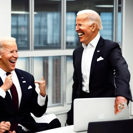 Image similar to stock photo of kim kardashian, and joe biden wearing suits and ties laughing in an office building, 8k resolution, full HD, cinematic lighting, award winning, anatomically correct