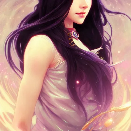 Image similar to a beautiful girl with long dark hair and bangs, sailor moon aesthetic, fantasy, intricate, elegant, highly detailed, digital painting, artstation, concept art, matte, sharp focus, illustration, art by Artgerm and Greg Rutkowski and Alphonse Mucha