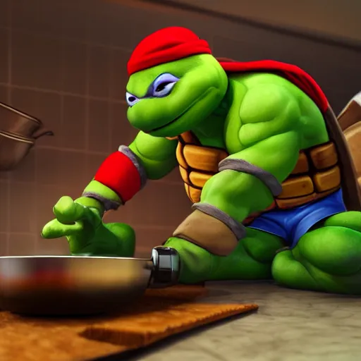 Image similar to teenage mutant ninja turtle with frying pan near kitchen stove, wearing chef hat, frying nails, volumetric lighting, realistic, photo, artstation