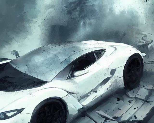 Image similar to a white super car crash, horror scene, dramatic, anime art, Greg Rutkowski, studio ghibli, dramatic lighting