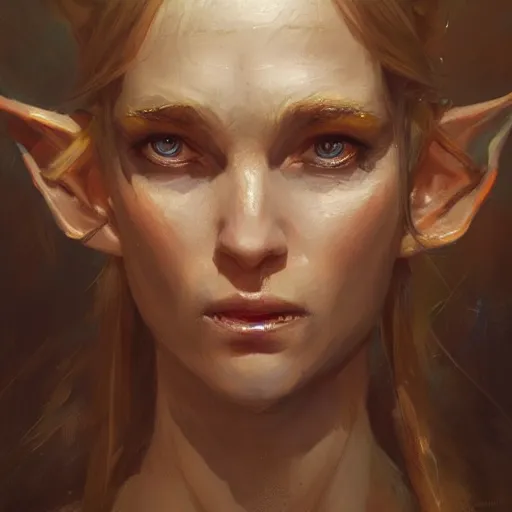 Prompt: A head-on detailed oil portrait of a distinguished elf woman with small copper horns, long blonde hairs and bright irises, by greg rutkowski, trending on artstation, dungeon and dragons art