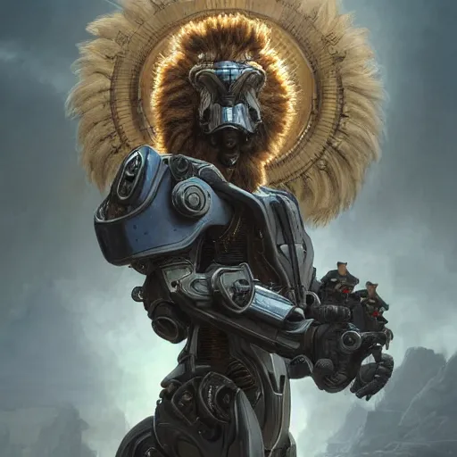 Image similar to portrait painting of a lion - headed cyborg with power armor, ultra realistic, concept art, intricate details, eerie, highly detailed, photorealistic, octane render, 8 k, unreal engine. art by artgerm and greg rutkowski and alphonse mucha