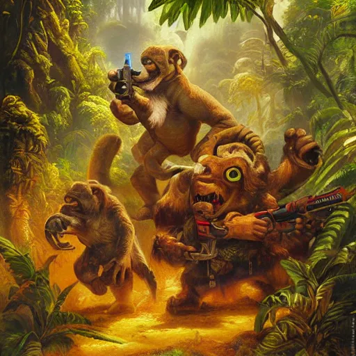 Image similar to laser fight in the jungle, oil painting by justin gerard