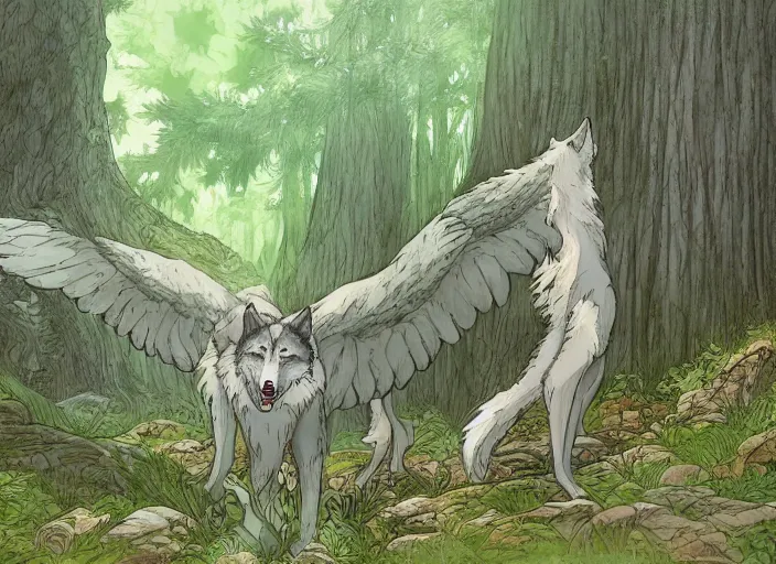 Prompt: a beautiful wolf king spreading his wings in a mythical forest next to a pathway, eyes, by ghibli studio and miyasaki, illustration, great composition