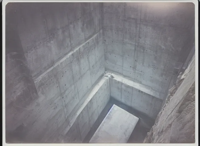 Prompt: looking down into a super deep concrete structure, foggy, megalophobia, old polaroid, expired film,