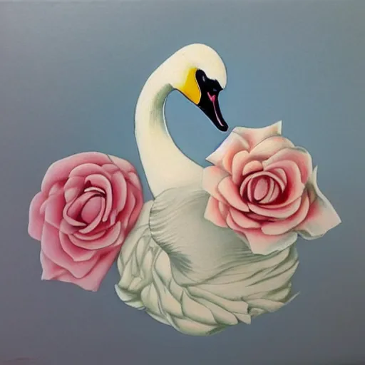 Prompt: swan and pastel roses in the style of salvador dali