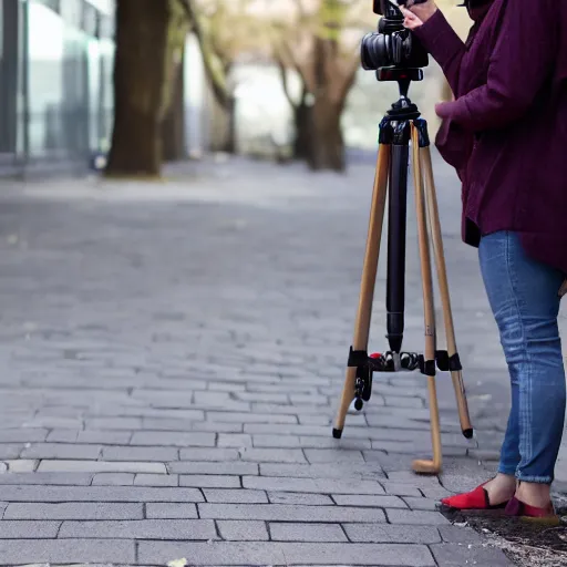 Image similar to woman taking a photograph with a studio camera on the sidewalk outdoors