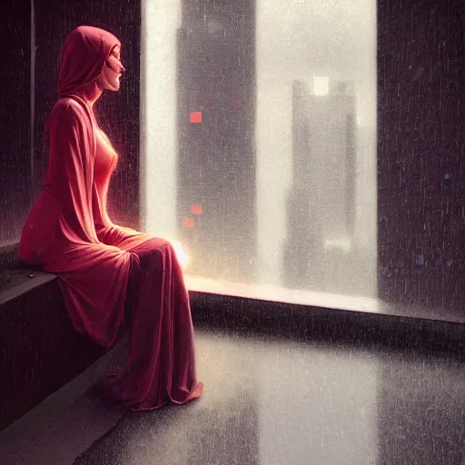 Prompt: detailed portrait of a woman, moment, cyberpunk cloisters, mosque, electronic billboards, tech noir, wet reflections, atmospheric, ambient, livia prima, greg rutkowski, edward hopper, pj crook