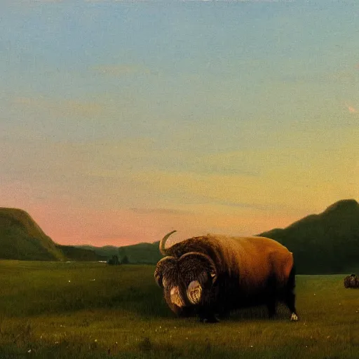 Prompt: oil painting by george stubbs of a musk ox and a man in a meadow at sunset.