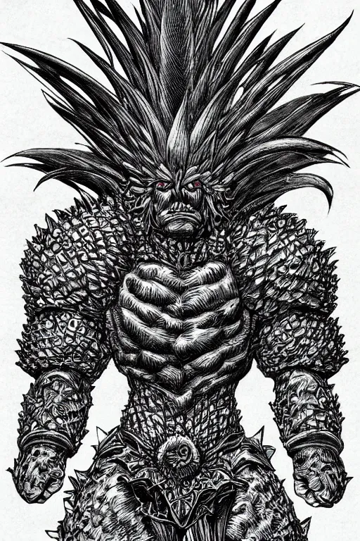 Image similar to pineapple humanoid figure monster wearing pineapple themed armour, symmetrical, highly detailed, digital art, sharp focus, trending on art station, kentaro miura manga art style