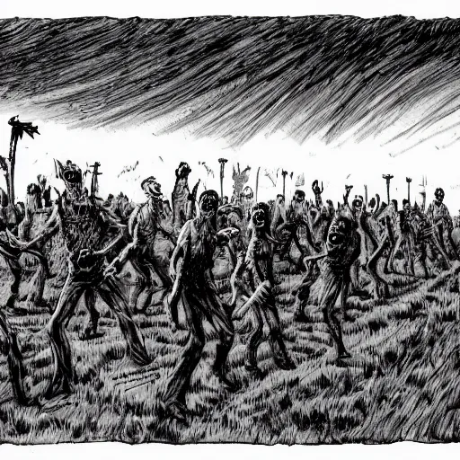 Image similar to zombie horde in an open farm field, drawn by ben templesmith