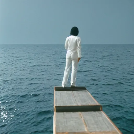 Prompt: michael jackson standing on a raised translucent platform in the middle of the sea, night time with milky way in the sky. cinematic, 3 5 mm film, sharpness, nostalgic and melancholic 4 k, 8 k